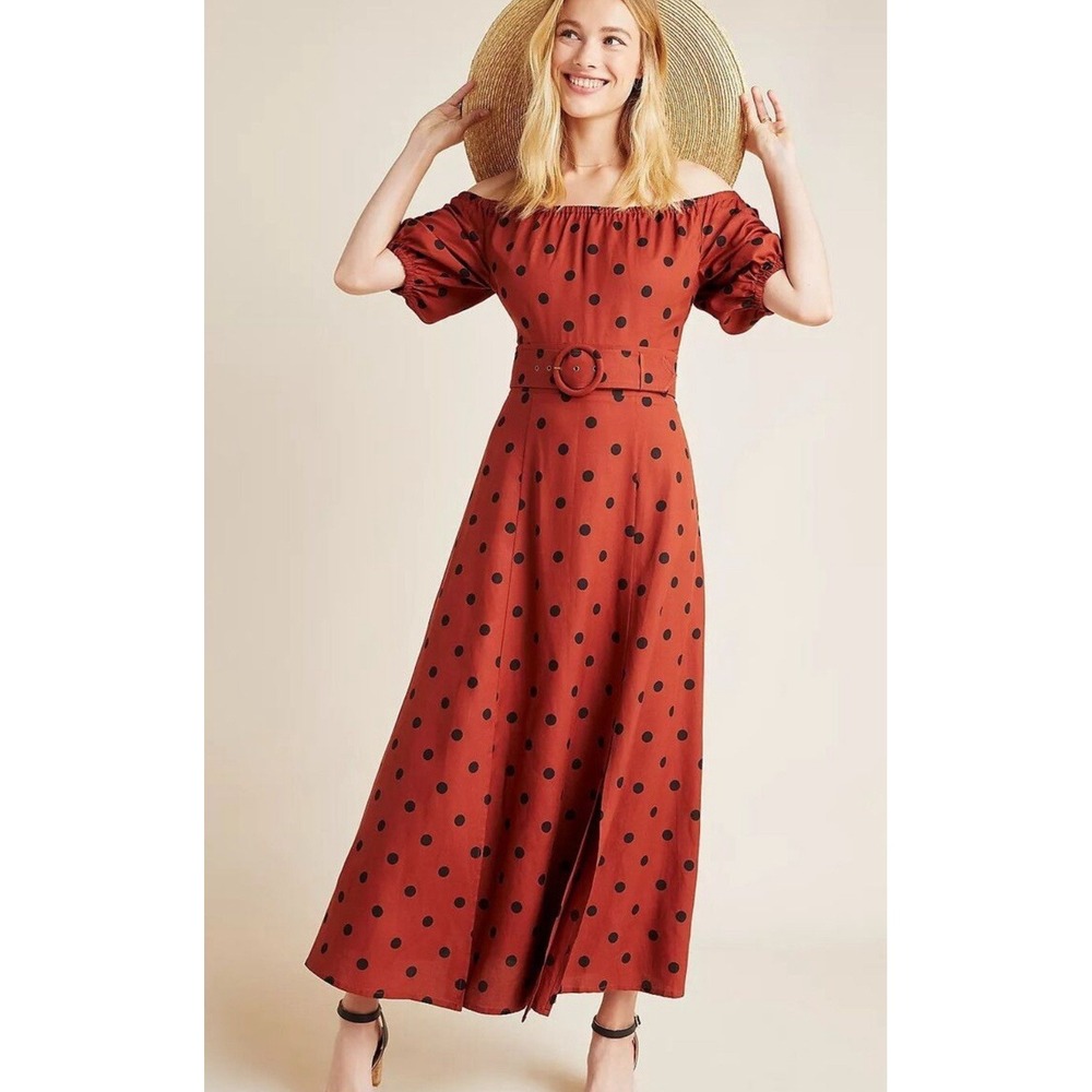 Anthropologie Maeve Maxi Dress Womens Sz 12 Lucienne Off-the-Shoulder Polka Dot